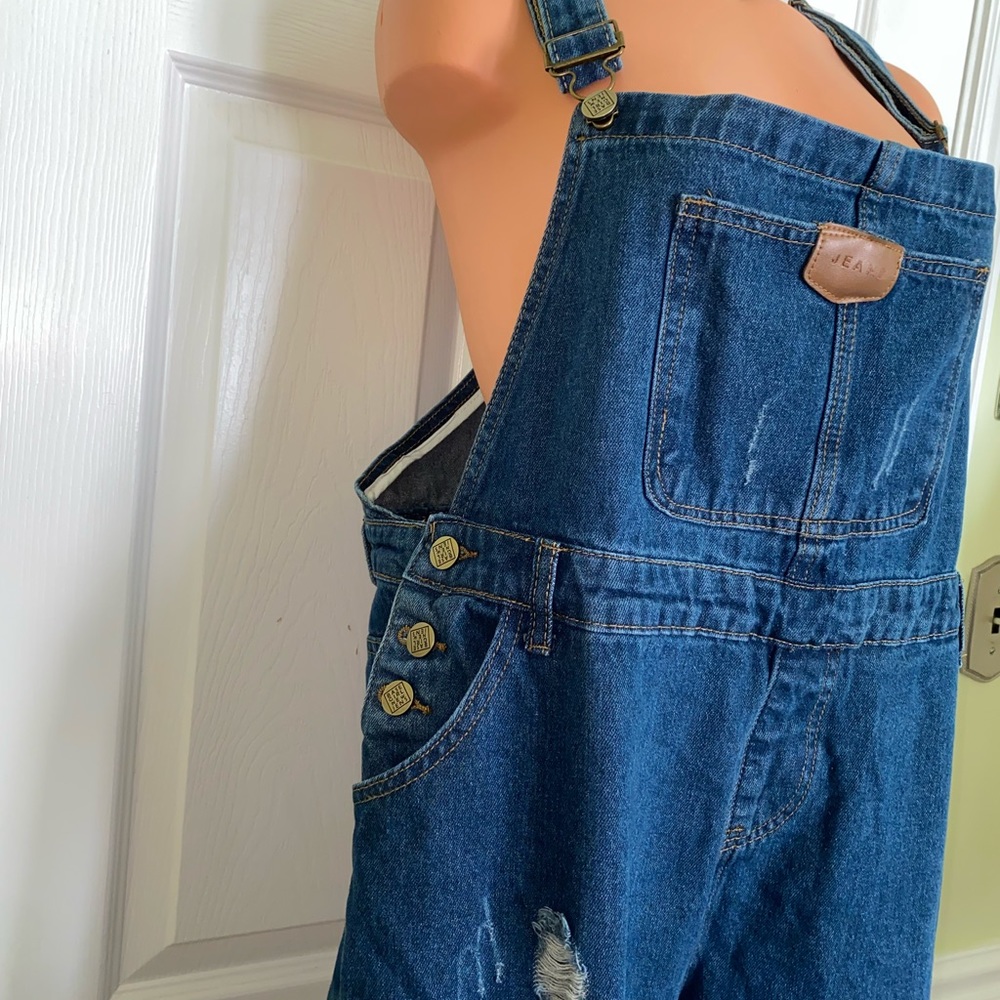 BASE GIRL NEW JENS Blue Distressed Overalls XL - Picture 11 of 14